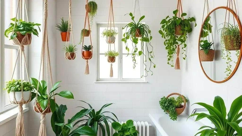 ideias criativas de plantas pendentes em banheiros